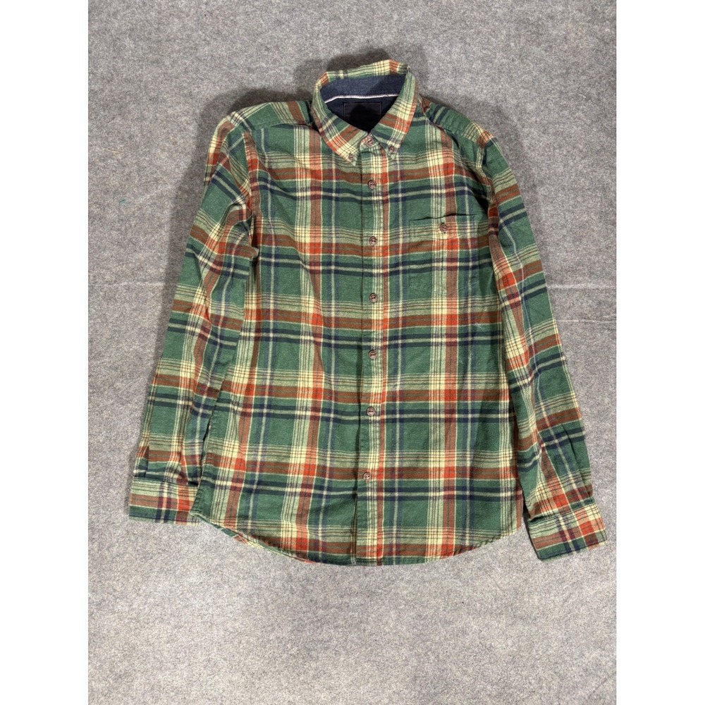 Weatherproof Mens M Flannel Plaid Button Down Shirt Green Orange Long Sleeve